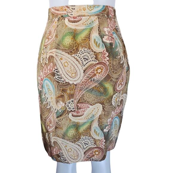 Doncaster Tan Blue Paisley Wrap 100% Silk Business Work Women's Skirt 8 - Picture 3 of 4